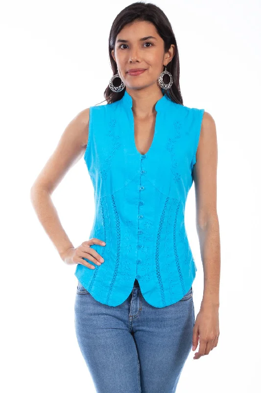 End Of Season Clearance Scully Womens Turquoise 100% Cotton Soutache S/L Blouse