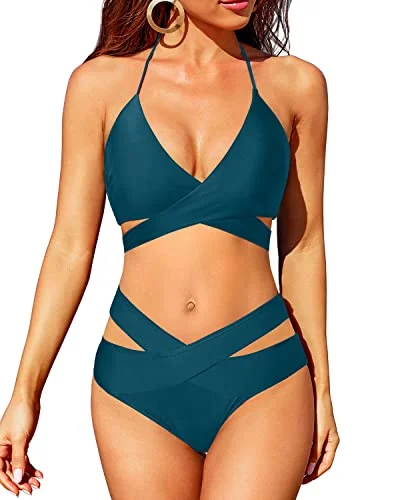 Unleash Your Trend Driven Style Crossed V Shaped Waist Criss Cross Front Women's Swimsuit-Teal