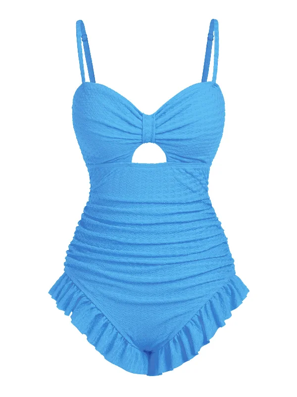 Comfort Meets Fashion Blue 1950s Solid Ruched Swimsuit