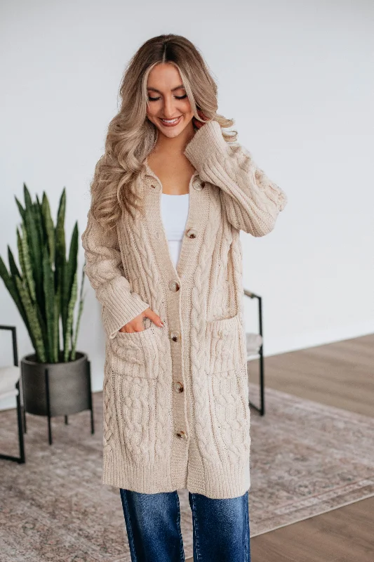 Sporty Streetwear Danna Cable Knit Cardigan - Natural