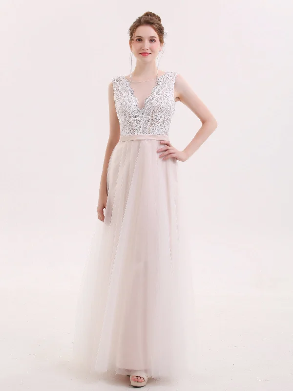 Relaxed Style V neck Lace Bodice Long Wedding Dress with Tulle Skirt-Champagne