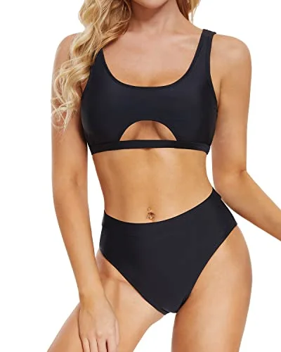 Flash Sale, Don't Miss Underboob Two Piece Bikini For Women High Waisted Bathing Suit-Black