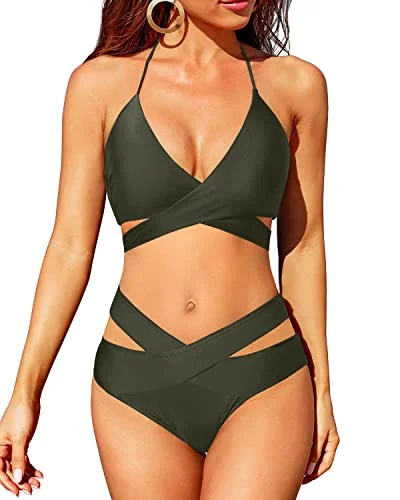 Festival Fashion Crossed V Shaped Waist Wrap Bandage Bikini Halter Neck Swimsuit-Army Green