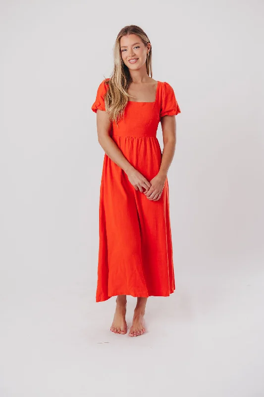 Imeless Style Ainsley Square Neck Midi Dress with Puffed Sleeves in Orange Poppy - Bump Friendly & Inclusive Sizing (S-3XL) FINAL FEW