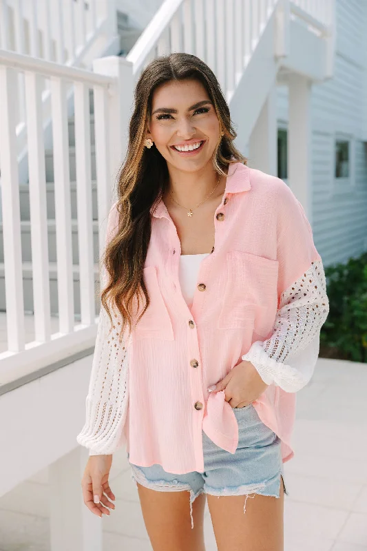 Stylish Statements Keep Shining Pink and Cream Color Block Crochet Sleeve Gauze Shacket