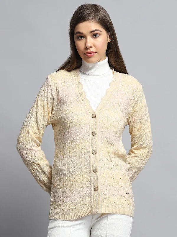 Seasonal Fashion Women Beige Self Design V Neck Full Sleeve Cardigan