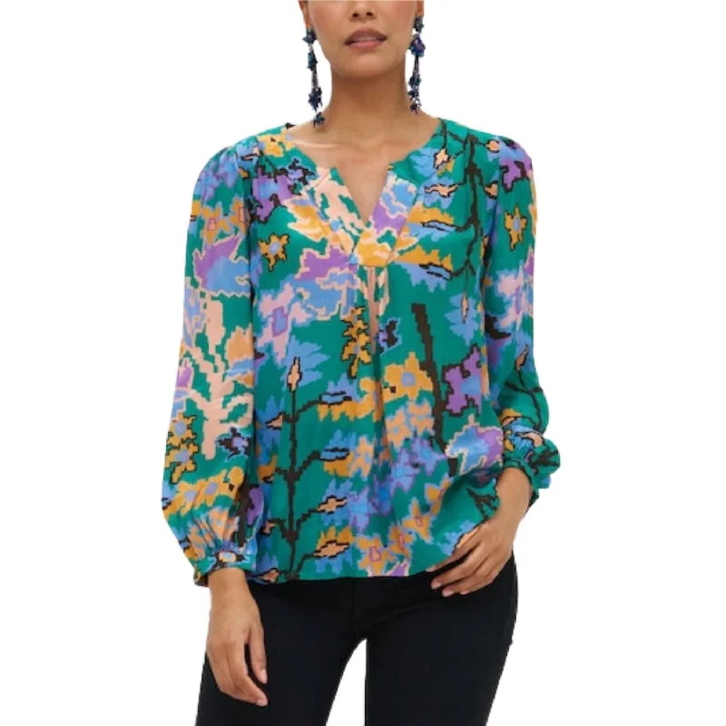 Evening Looks V-Neck Blouse In Green Bukhara