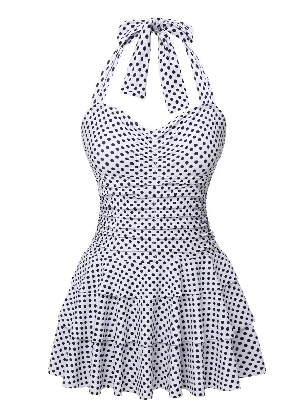 Best Sellers White 1940s Polka Dot Halter Skirted Swimsuit