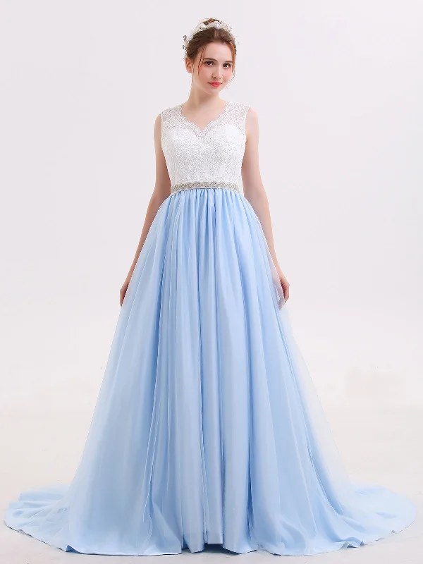 Casual Chic Lace Bodice Tulle Skirt Bridal Dress with Sash-Sky Blue