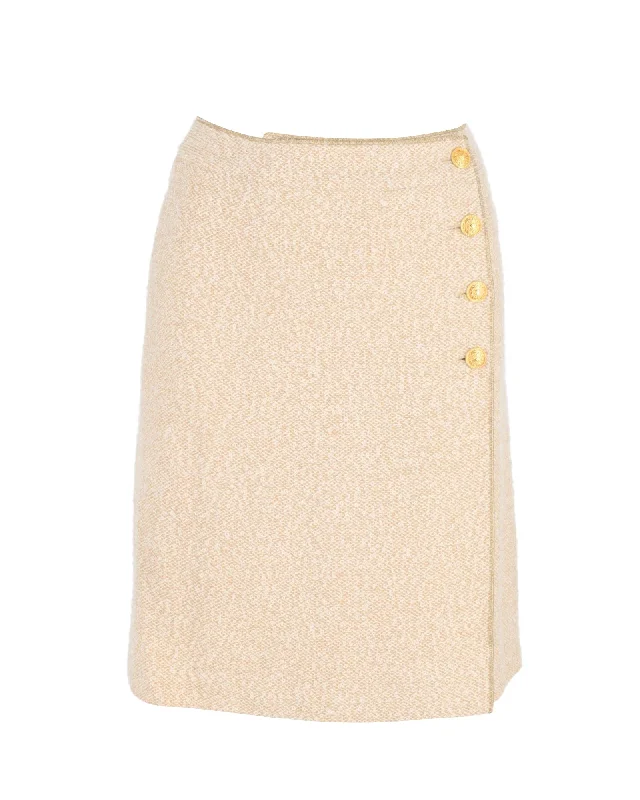 Sophisticated Style Chanel Gold Button Wrap Skirt in Cream Wool