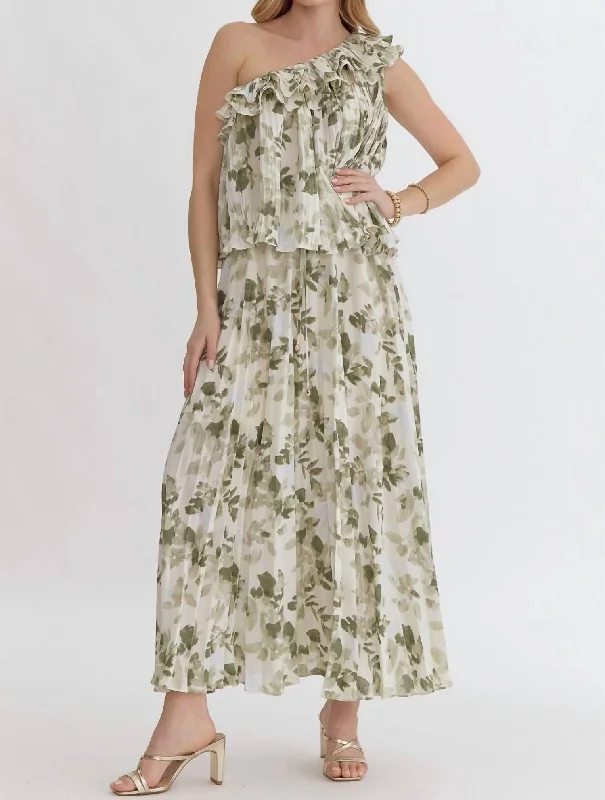 Trendy Women's Wear Collection Isn't She Romantic Pleated Top And Skirt Set In Ivory/green