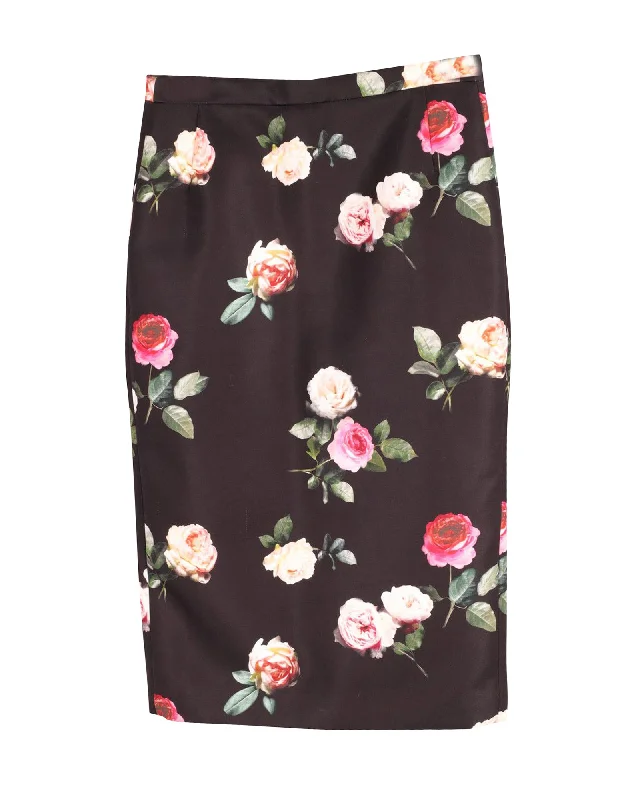 Father's Day Deals N.21 Floral Midi Pencil Skirt in Black Print Silk