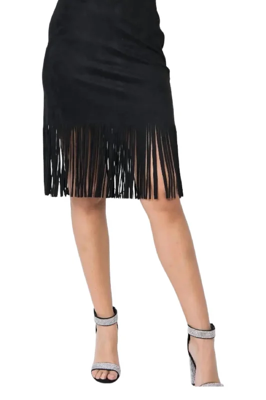 Free Spirited Fashion Suede Fringed Mini Skirt In Black