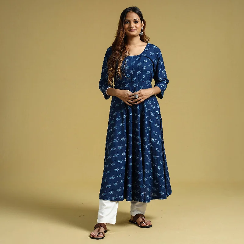 Luxe Women's Fashion Blue - Dabu Block Printed Cotton Flared Gher Dress