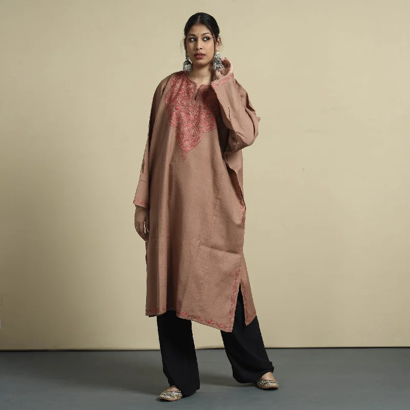 Fashion Essentials Brown - Aari Embroidery Kashmiri Merino Wool Pheran