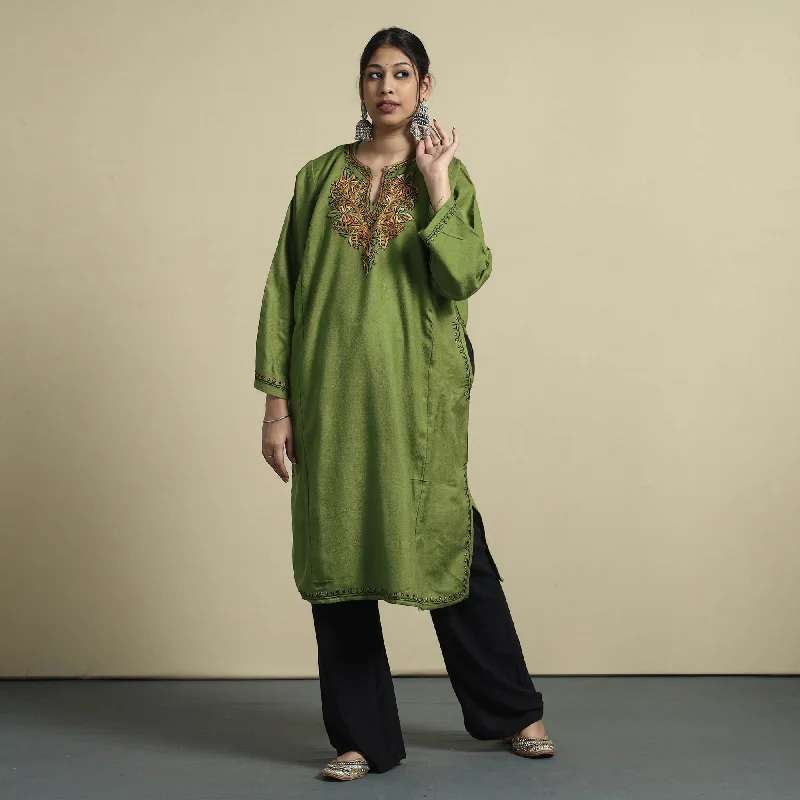 Quality Driven Apparel Green - Sozni Embroidery Kashmiri Cashmilon Wool Pheran