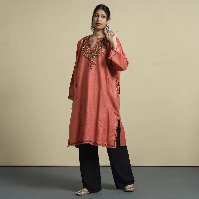 Versatile Wardrobe Essentials Peach - Sozni Embroidery Kashmiri Cashmilon Wool Pheran