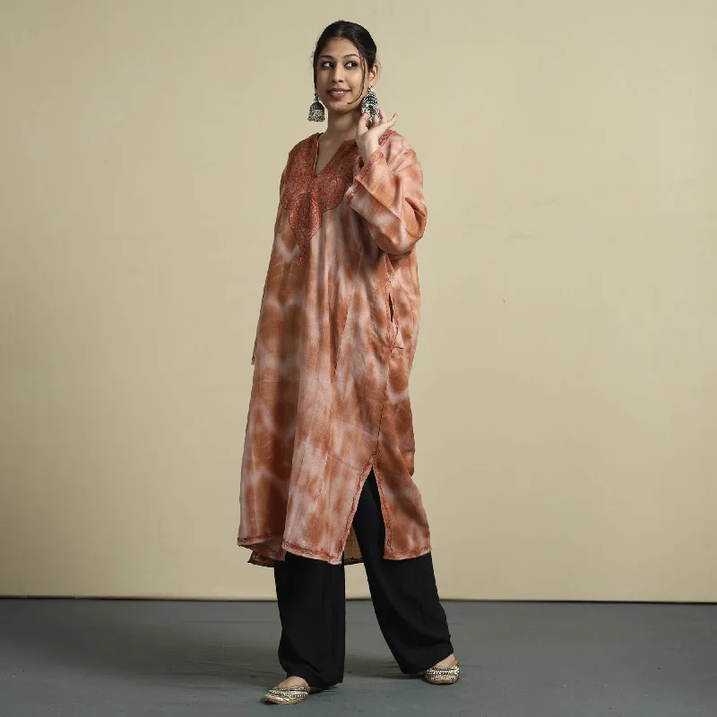 Casual Yet Stylish Separates Brown - Shibori Tie-Dye Aari Embroidery Kashmiri Wool Pheran