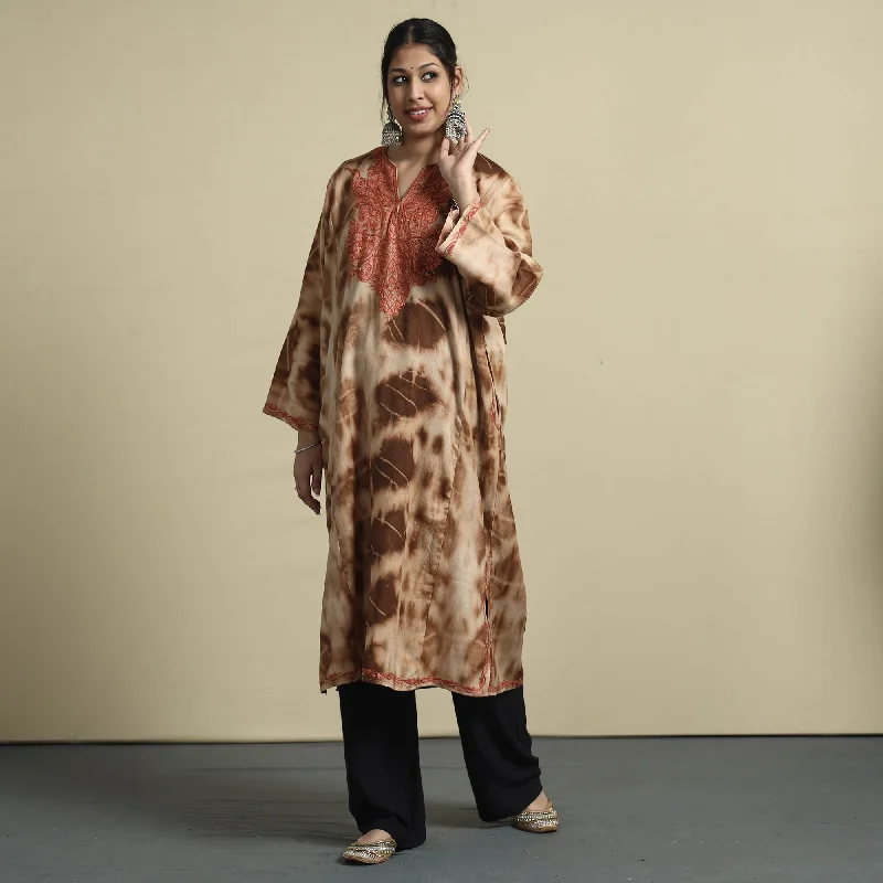 Dive Into Trendy Women's Fashion Brown - Shibori Tie-Dye Aari Embroidery Kashmiri Wool Pheran