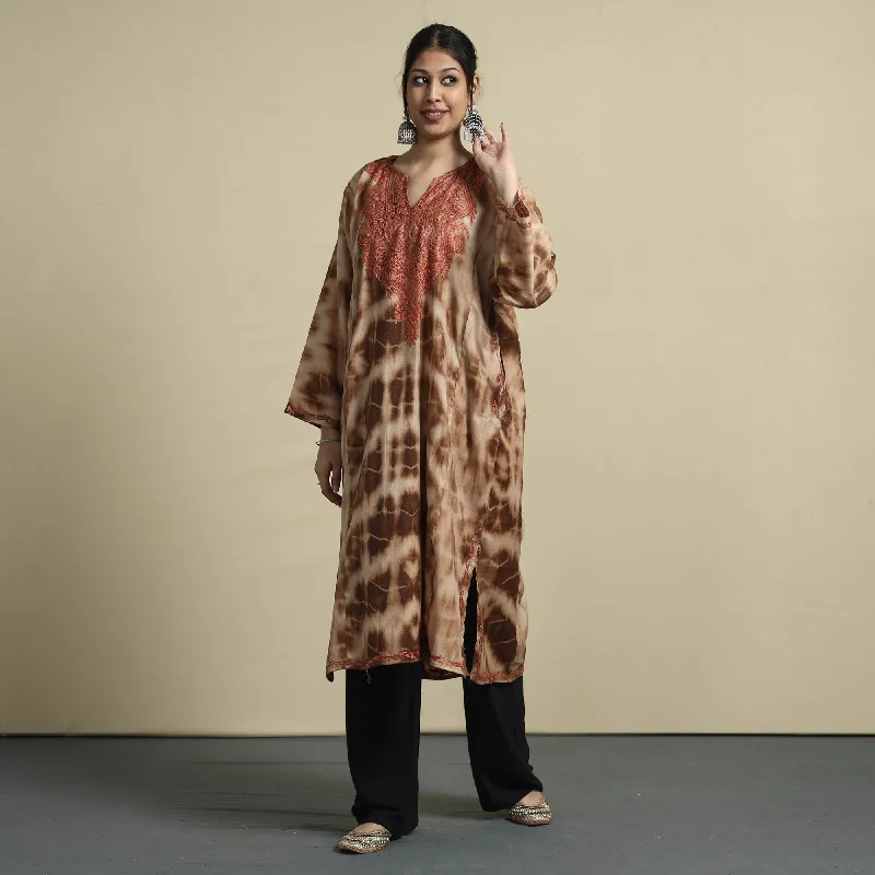 All Season Fashion Collection Brown - Shibori Tie-Dye Aari Embroidery Kashmiri Wool Pheran