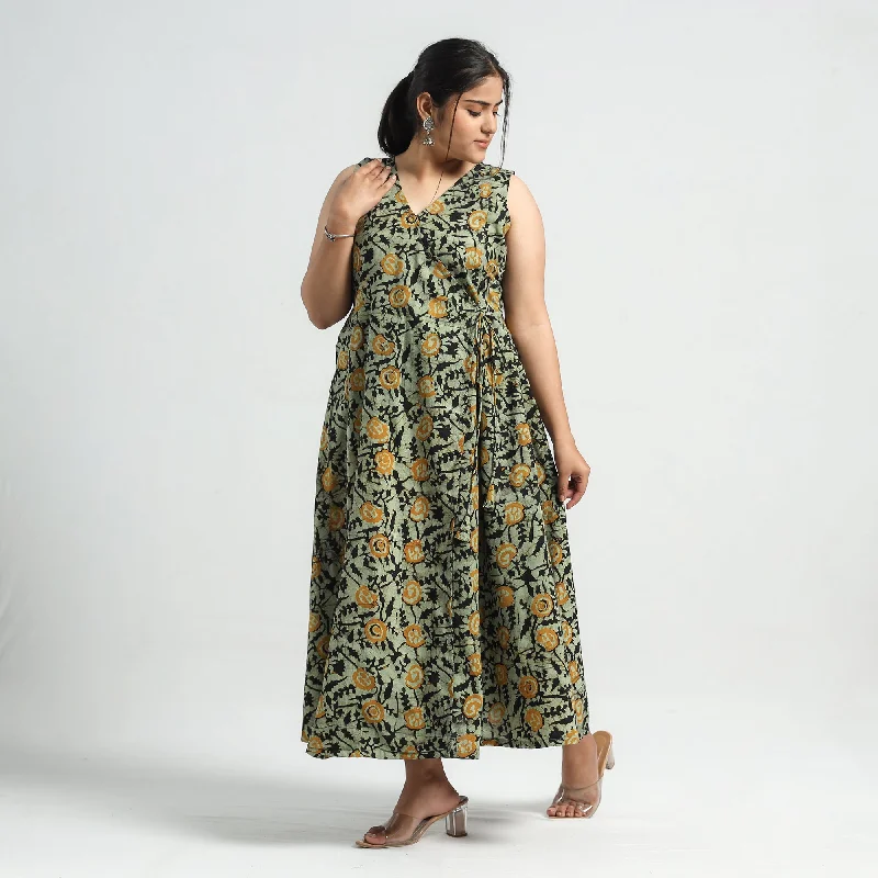 Vibrant Styles Green - Batik Printed Cotton Angrakha Sleeveless Flared Dress