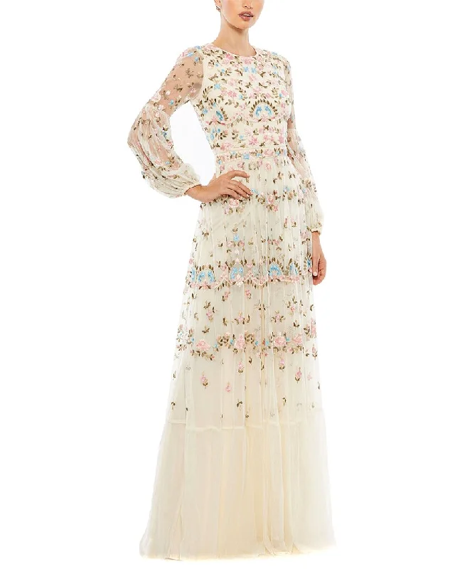 Stylish Savings Mac Duggal Embroidered High Neck Illusion Sleeve Tiered Gown