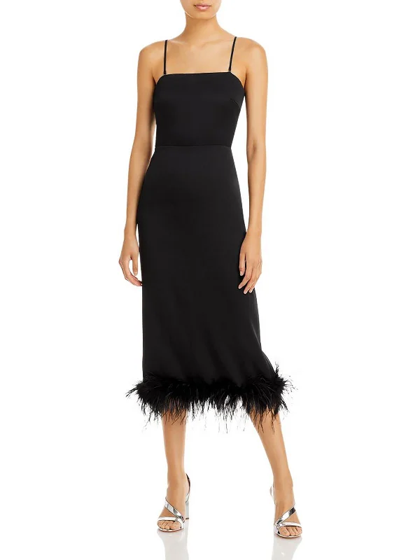 Stay Ahead In Style Womens Faux Feather Trim Back slit Cocktail and Party Dress