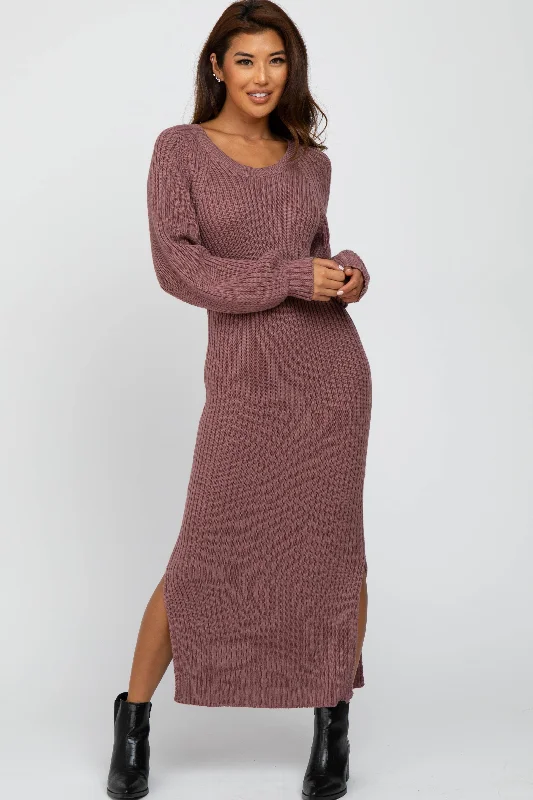 Chic Styles Mauve Side Slit Maxi Sweater Dress