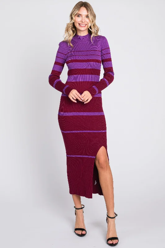 Spring Wardrobe Plum Striped Mock Neck Sweater Dress