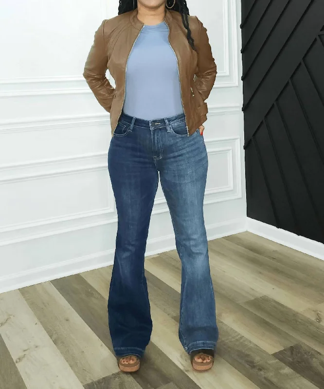 Stylish Savings High Rise Two Tone Flare Jeans In Blue